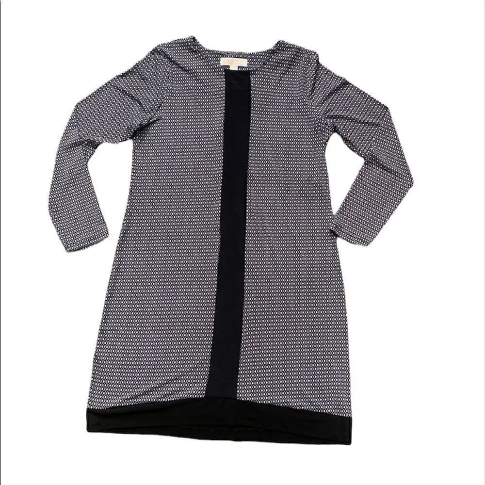 Michael Kors Black and White Diamond Sheath Dress Long Sleeve Stripe Size Medium